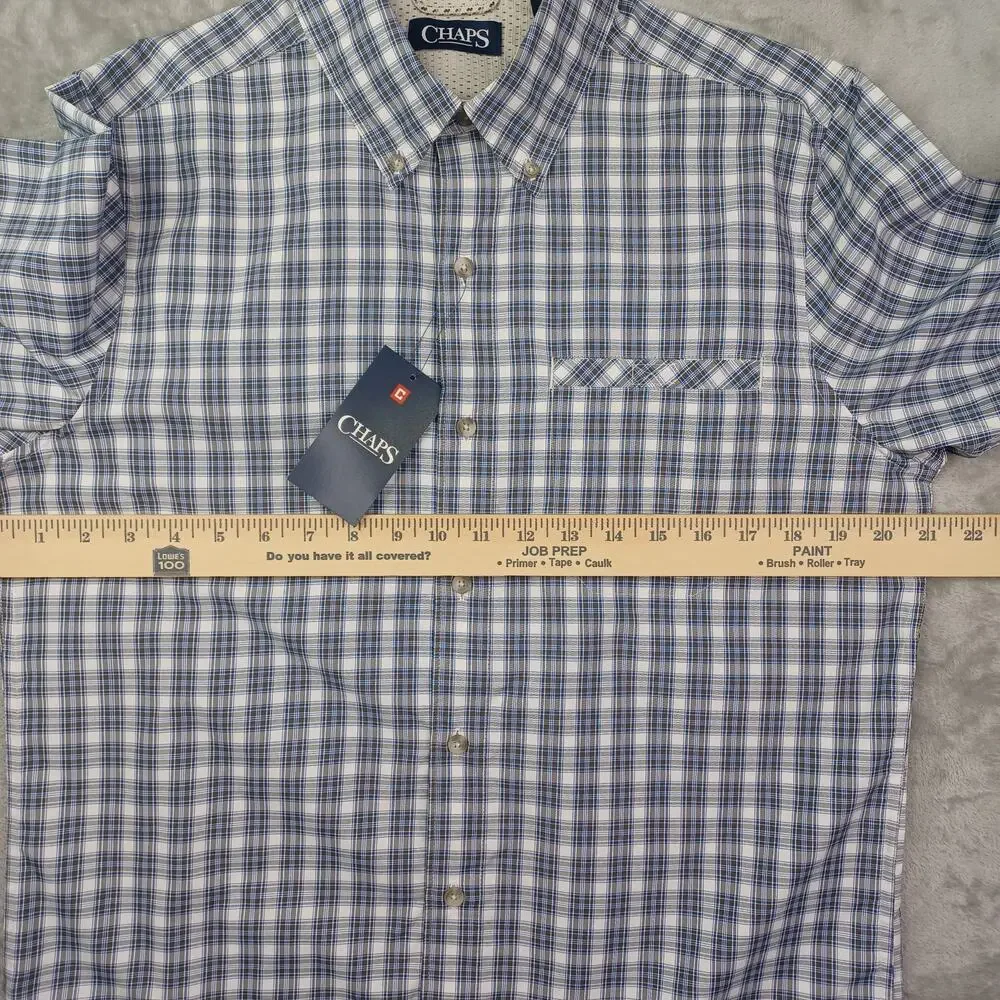 CHAPS Button Down Shirt Men S White Blue Plaid UPF 50 Quick Dry Short Sleeve NWT